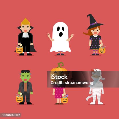 istock Happy children in scary different costumes 1334409002