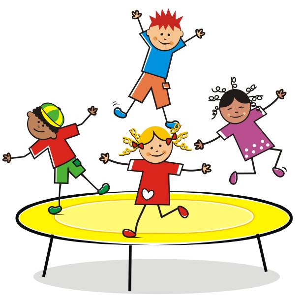 Happy children jumping on a trampoline Happy children jumping on a trampoline. Funny vector illustration. Group of girls and boys are sporting. clip art of kid jumping on trampoline stock illustrations
