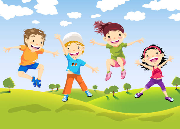 ilustraciones, imágenes clip art, dibujos animados e iconos de stock de happy children salto en granja - family outdoors