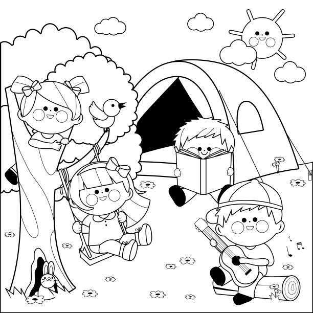 ilustrações de stock, clip art, desenhos animados e ícones de happy children playing in a forest camping site. vector black and white coloring page - kid reading outside