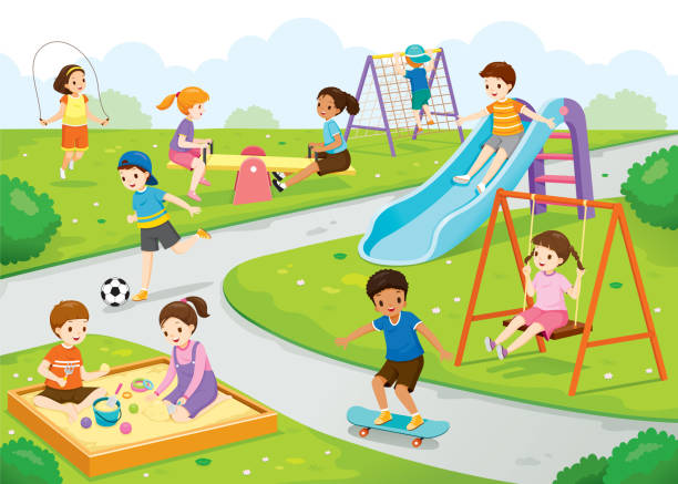 ilustrações de stock, clip art, desenhos animados e ícones de happy children playing joyfully on the playground - amigos jogo futebol