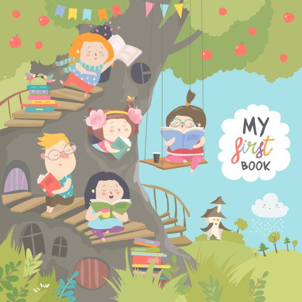ilustrações de stock, clip art, desenhos animados e ícones de happy children reading books in the treehouse - kid reading outside