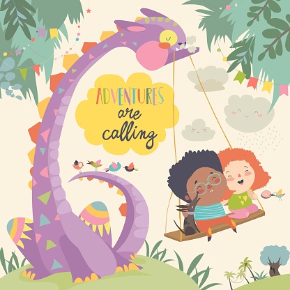 Happy children with funny monster. Adventures are calling