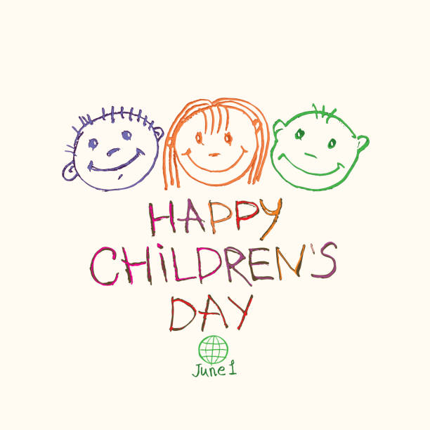 Happy Children's Day. Doodle holiday illustration to the International Children's Day. Children Art style drawing with colored pencils sketch. Happy Children's Day. Doodle holiday illustration to the International Children's Day. Children Art style drawing with colored pencils sketch. Vector logo with three funny baby faces and by June 1. happy childrens day stock illustrations
