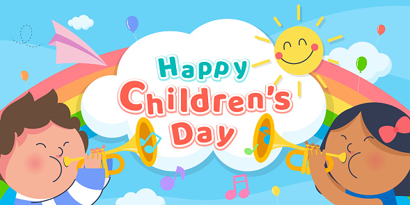 Happy Children's day with Kids playing trumpet banner vector