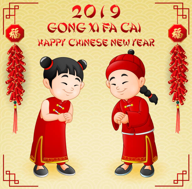 szczęśliwa chińska karta nowy rok 2019 z chińskim dzieckiem w tradycyjnym stroju - happy new year stock illustrations