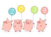 Happy chinese new year 2019 - year of the pig. Four cute pigs in kawaii style witn balloons. EPS8