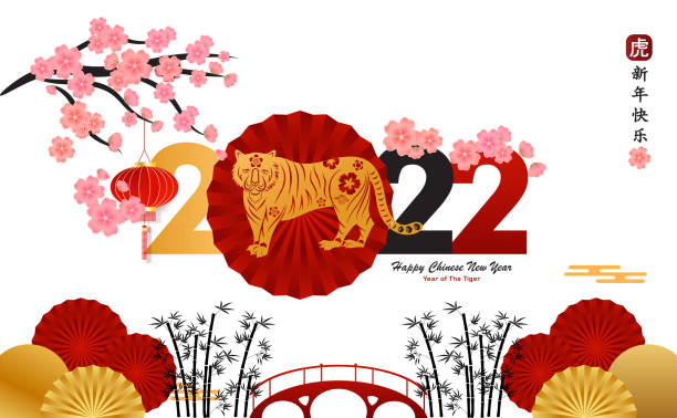 Happy Chinese new year 2022 year of The Tiger paper cut Asian elements with craft style on background. Chinese translation is Happy Chinese new year. Happy Chinese new year 2022 year of The Tiger paper cut Asian elements with craft style on background. Chinese translation is Happy Chinese new year. chinese currency stock illustrations