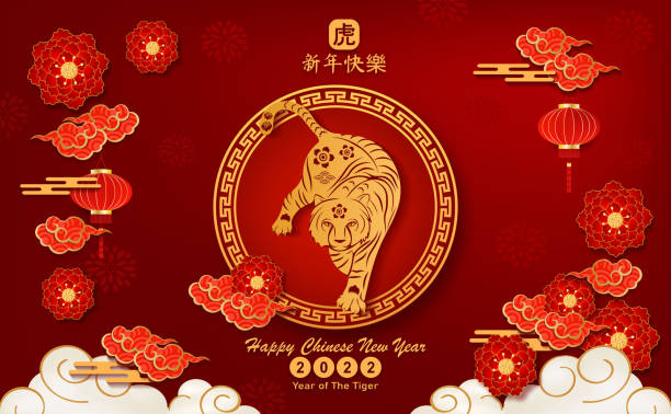 Happy Chinese new year 2022 year of the tiger paper cut with pink follower lamp and craft style on red background. Chinese translation is mean Happy chinese new year. Happy Chinese new year 2022 year of the tiger paper cut with pink follower lamp and craft style on red background. Chinese translation is mean Happy chinese new year. chinese new year stock illustrations
