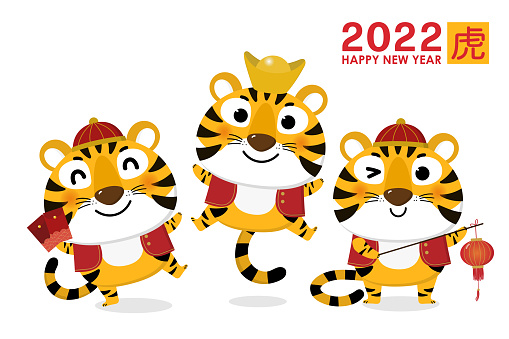 Happy Chinese new year greeting card 2022 with cute tiger. Animal holidays cartoon character. Translate: Tiger. -Vector