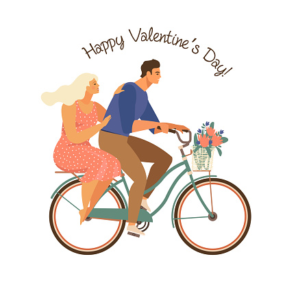 Happy couple is riding a bicycle together and happy valentines day. Illustration vector of Love and Valentine Day.
