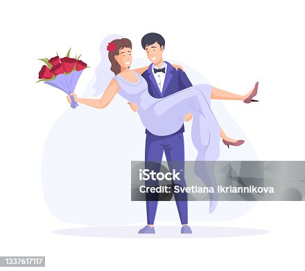 istock Happy couple just married in bridal apparel. Smiling bridegroom carrying bride with flowers bouquet 1337617117