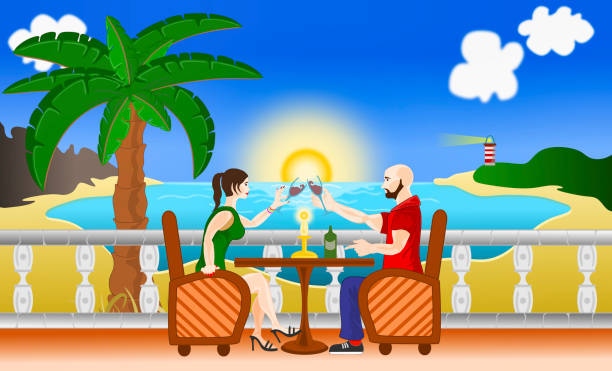 stockillustraties, clipart, cartoons en iconen met happy couple sitting by the sea toasting with drinks during a beautiful sunset - sunset dining