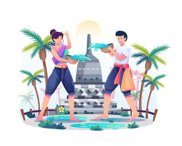 happy couple splashing water on each other from inside a bowl. people celebrate the songkran festival concept. thailand traditional new year's day. flat style vector illustration - 印尼文化 插圖 幅插畫檔、美工圖案、卡通及圖標