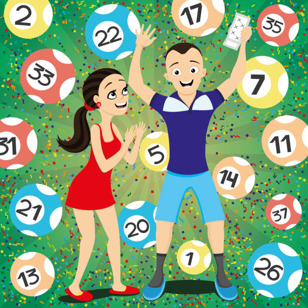 Happy couple won the lottery money. Happy couple won the lottery money and rejoices on a green background. winning lottery ticket stock illustrations