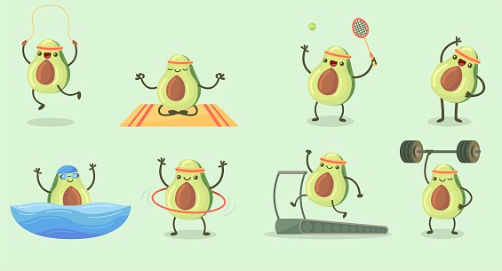 Happy cute avocado exercising flat set for web design