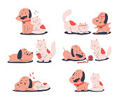 Cats and dogs friends together vector cartoon illustration.