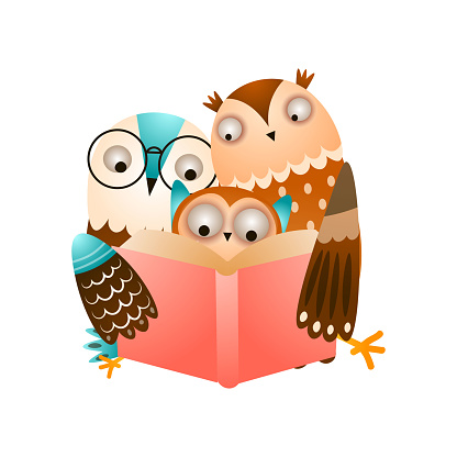 Happy cute family of owl reading a red book of wild forest. Cartoon style. Vector illustration on white background