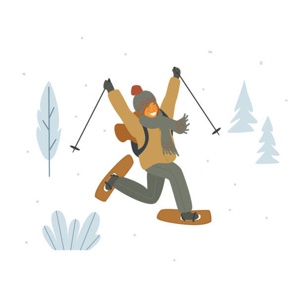bildbanksillustrationer, clip art samt tecknat material och ikoner med glad söt tjej snöskor i vinter skog isolerade vektorgrafik illustration - skidled