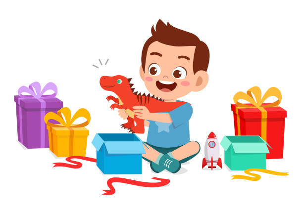 stockillustraties, clipart, cartoons en iconen met gelukkig leuk leuk weinig kindjongen open gift van verjaardag - unbox