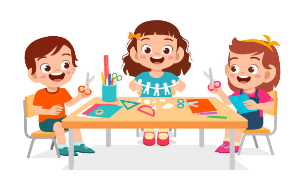 happy cute little kids boy and girl make paper craft happy cute little kids boy and girl make paper craft craft stock illustrations