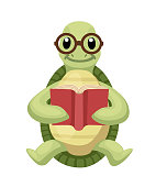 Happy cute turtle sit and read book ,with smile. Turtle with glasses. Cartoon character design. Flat vector illustration isolated on white background.