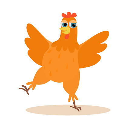 Happy, dancing chicken. Сheering dancing farm toy animal. Character design. Cartoon vector illustration