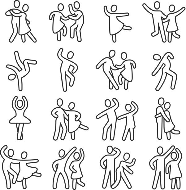 Happy dancing woman and man couple icons. Disco dance lifestyle vector pictograms Happy dancing woman and man couple icons. Disco dance lifestyle vector pictograms. Illustration of couple dance, happy dancer person, ballet and salsa, latin and flamenco dancing stock illustrations