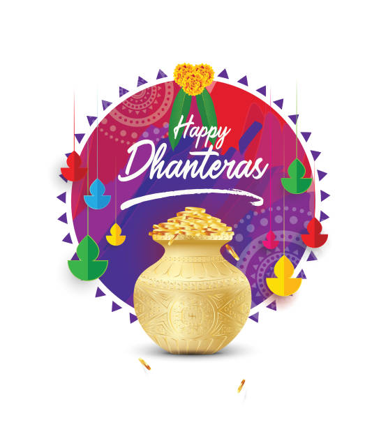Happy Dhanteras Background Template Design Indian Religious Festival Happy Dhanteras Background Template Design with Abstract Style, Lamps, Kalahsa -  Dhanteras Background Background Design dhanteras stock illustrations