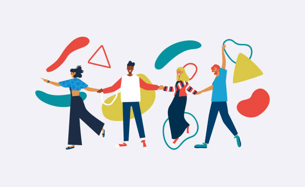 Happy diverse friend isolated with abstract shapes Happy friends walking holding hands with abstract geometric shapes in colorful flat style. Young diverse people group together for social event on isolated background. celebration illustrations stock illustrations