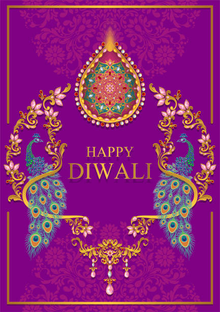 Happy Diwali festival card with gold diya patterned and crystals on paper color Background. Happy Diwali festival card with gold diya patterned and crystals on paper color Background. mariam usman stock illustrations