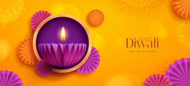 Happy Diwali. Paper graphic of Indian Diya oil lamp design with round border frame on Indian festive theme big banner background. The Festival of Lights. vector art illustration
