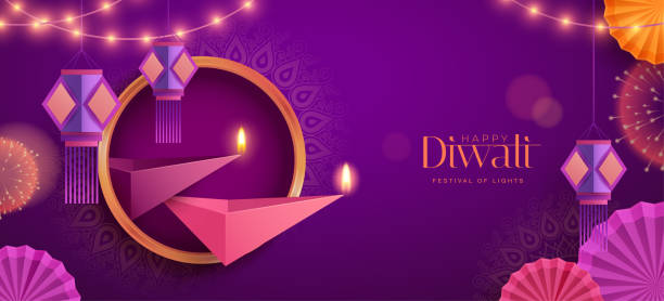 Happy Diwali. Polygonal Indian Diya oil lamp design with round border frame on Indian festive theme big banner background. The Festival of Lights. vector art illustration