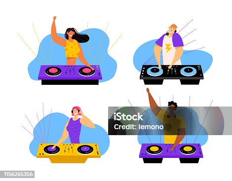 istock Happy Dj Male and Female Characters Set. Men and Women with Headphones Playing and Mixing Music at Night Club Disco Party. Fun, Youth, Entertainment and Fest Concept. Cartoon Flat Vector Illustration 1156265356