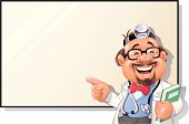 "A happy laughing doctor with stethoscope and a book in his hand giving a presentation in front of a large sign or board, empty for any message. Seperated to layers for easy editing."