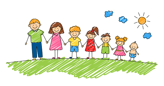 Happy doodle stick mans family in summer park. Hand drawn family members. Mother, father and kids holding hands. Vector color illustration isolated in doodle style on white background