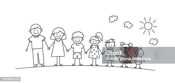 istock Happy doodle stick mans family in summer park. Hand drawn family members. Mother, father and kids holding hands. Vector illustration isolated in doodle style on white background 1353504125