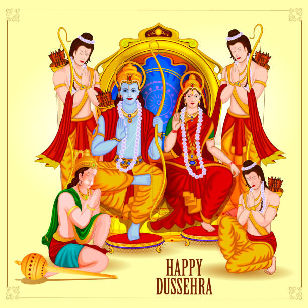 Happy Dussehra background showing festival of India easy to edit vector illustration of Lord Rama Sita with Laxmana and Hanuman in Happy Dussehra background showing festival of India ramayana stock illustrations
