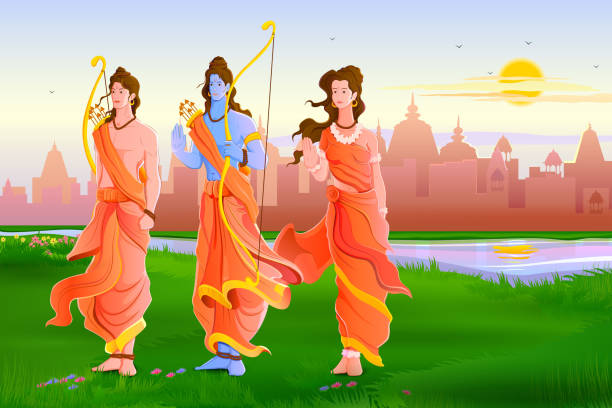 Happy Dussehra vector illustration of Lord Rama,Laxmana and Sita for Happy Dussehra ramayana stock illustrations
