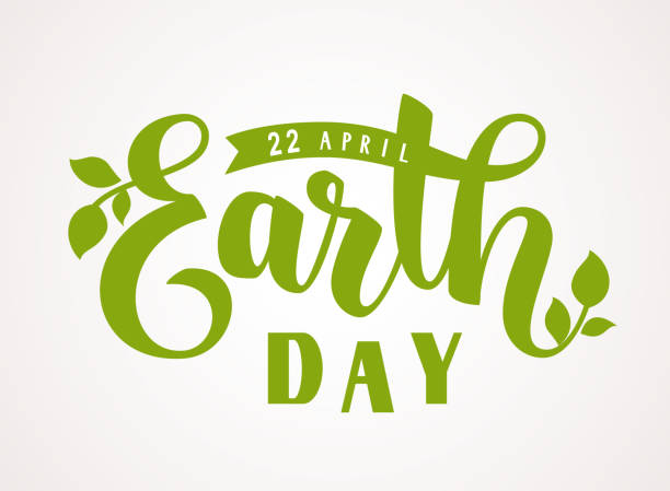 Happy Earth Day. 22 april. Hand lettering greeting text with green leaves silhouette Vector illustration earth day stock illustrations