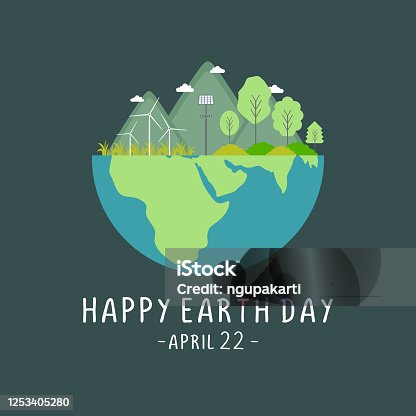 istock Happy earth day celebration design. Environment and ecology theme banner, poster, and background. World map background vector illustration. Globe with renewable energy power. 1253405280