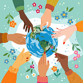 Happy earth day concept with the hands of people of different nationalities reaching out to the earth. Colorful vector illustration in flat style. Vector illustration. EPS 10