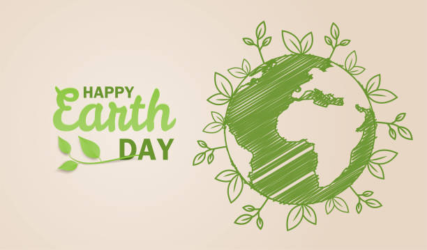 幸せな地球の日。エコロジーの概念。グローブ マップの描画と薄茶色の背景に葉をデザインします。ベクトル。図。 - 環境点のイラスト素材／クリップアート素材／マンガ素材／アイコン素材