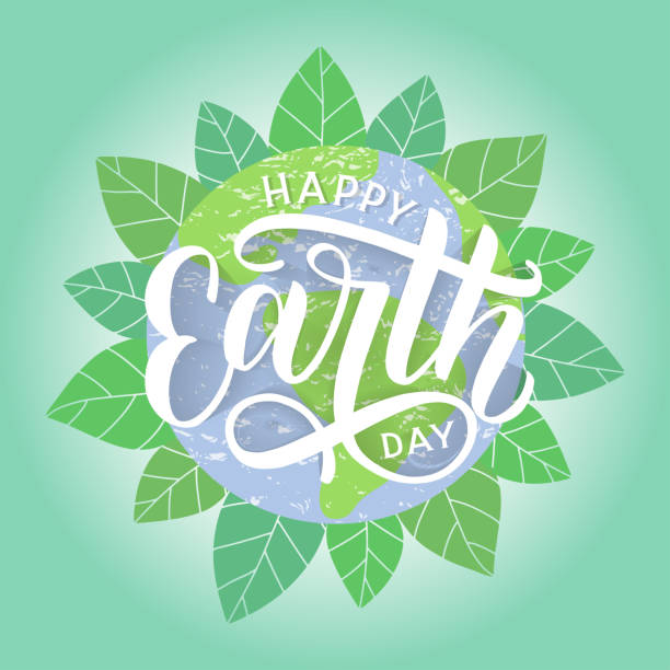 Happy Earth Day hand sketched lettering with globe and foliage on the background. Earth day vector concept illustration. Go green and save the planet. Vector EPS 10 earth day stock illustrations