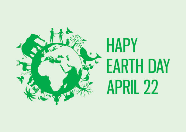 Happy Earth Day with animals and plants vector Planet Earth with fauna and flora icon. Environmental concept. Wild animals silhouette vector. Earth Day Poster, April 22. Important day earth day stock illustrations