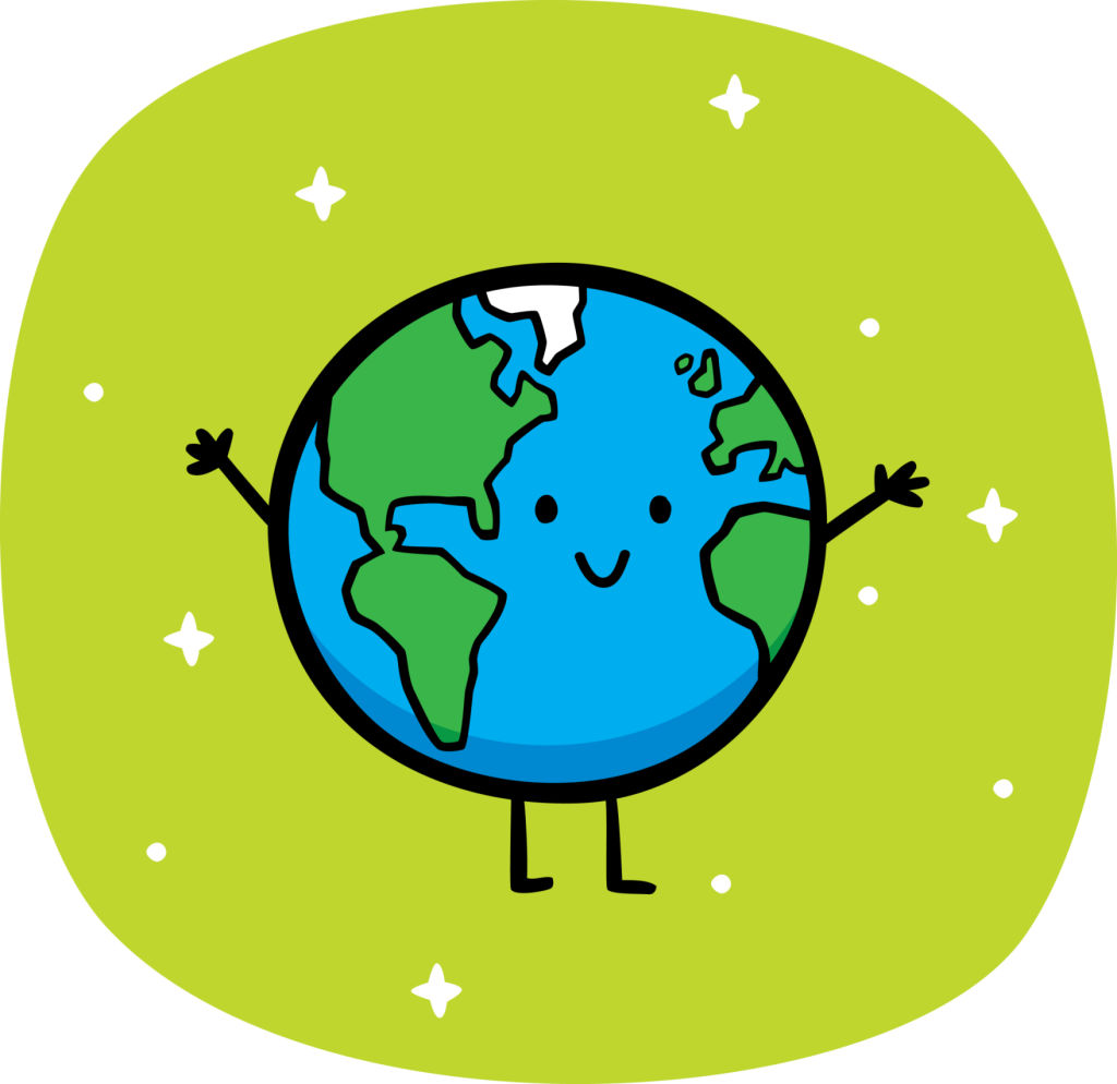 Vector illustration of a hand drawn happy, smiling Earth against a green background.