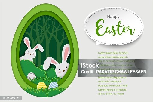 istock Happy Easter background with paper art of bunny and Easter eggs on spring forest 1306280130