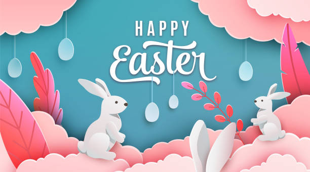 ilustrações de stock, clip art, desenhos animados e ícones de happy easter banner background. holiday greeting in paper cut 3d style with clouds, bunny, plant, egg, ears. vector illustration. place for your text - pascoa