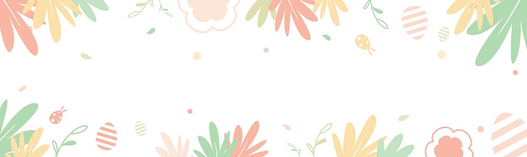 Happy Easter banner on white background decorated with colorful floral and leaves flat vector illustration. Horizontal pastel background design for website in  spring theme.