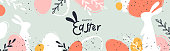 istock Happy Easter banner. Trendy Easter design with typography, hand painted strokes and dots, eggs and bunny in pastel colors. Modern minimal style. Horizontal poster or greeting card 1304914139